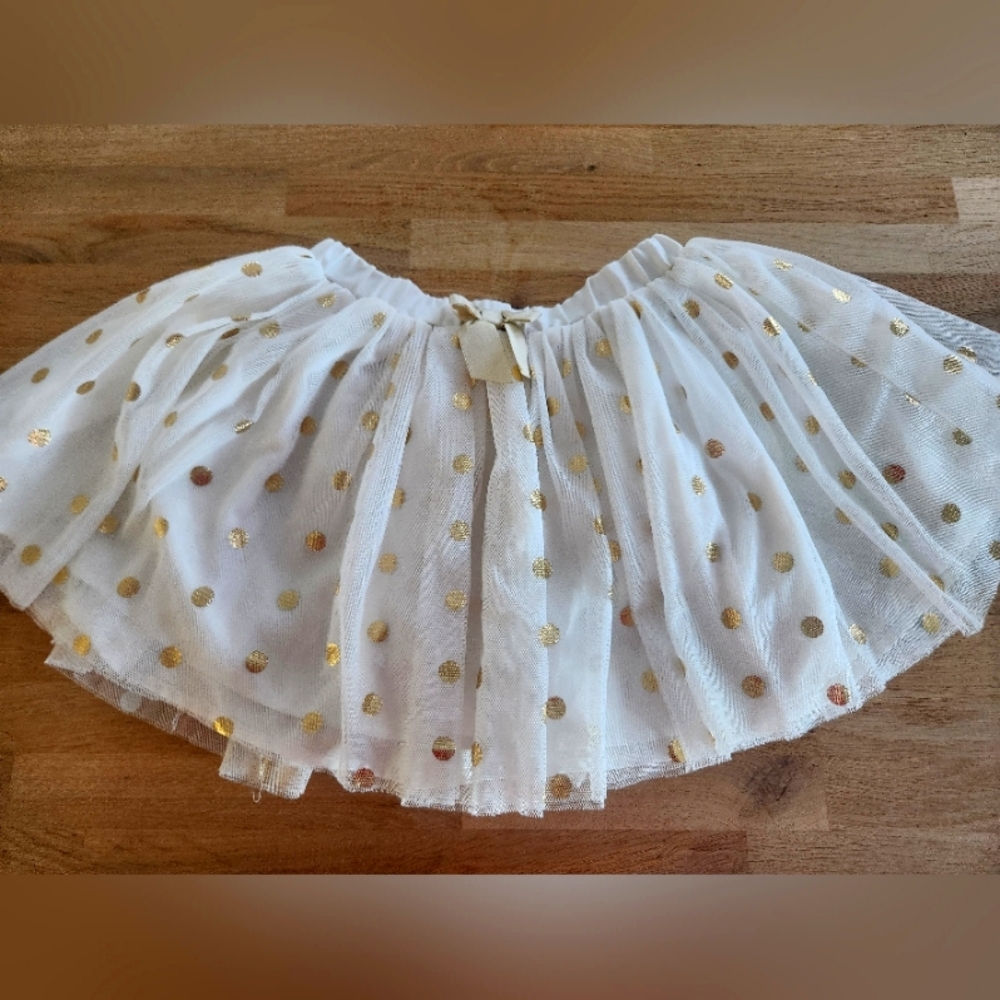 Girls Tutu Skirt White & Gold Polka Dots Sz 5T - Like New Without Tags
